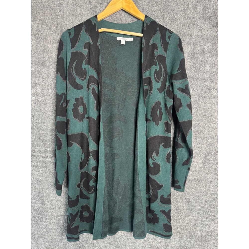 Chicos Cardigan Sweater Women S Green Black Floral Open Front Work Office Casual